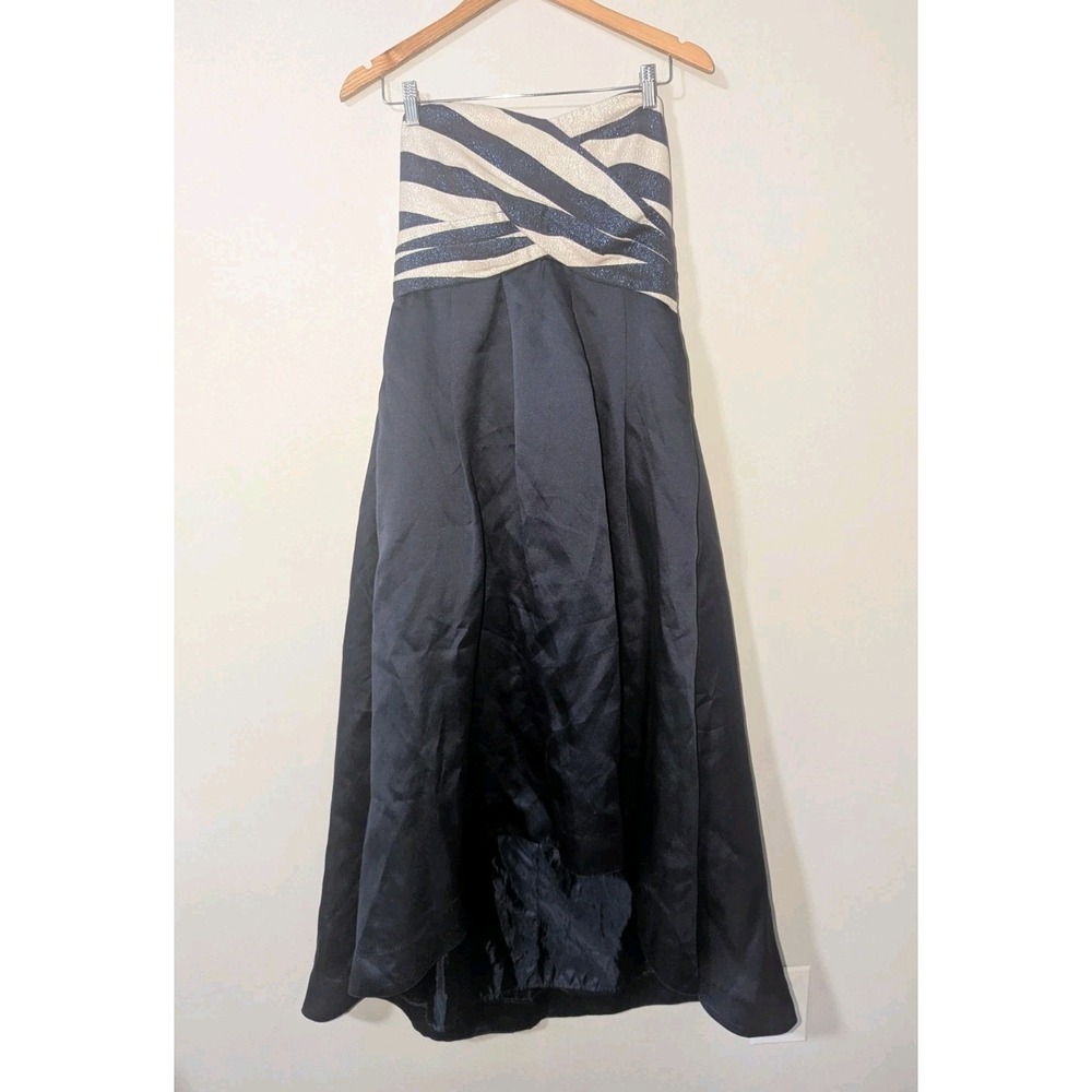 10 Shoshanna Midnight Silver/Navy Striped Strapless High Low Dress